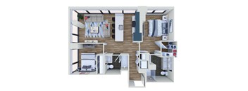 A 3D floor plan of a house with a kitchen, living room, and bedrooms.