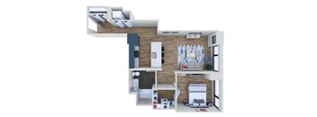 A 3D rendered image of a house layout.