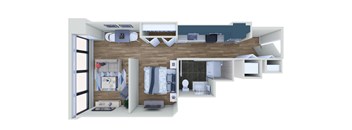 A 3D rendered image of a modern apartment layout.