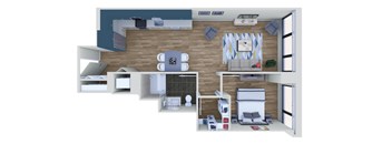 A 3D rendered image of a modern apartment layout.