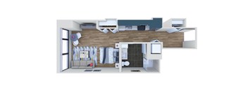A 3D rendered image of a modern apartment layout.