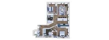 A 3D floor plan of a house with a kitchen, living room, and two bedrooms.