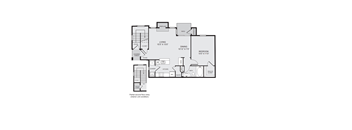 A black and white diagram of a house layout with a living room, dining room, kitchen, and bathroom.