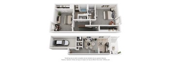 A 3D floor plan of a house with two bedrooms, a living room, a kitchen, a bathroom, and a garage.