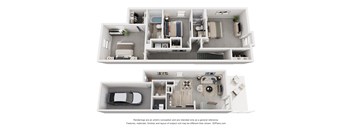 A 3D floor plan of a house with two bedrooms, a living room, a kitchen, and a garage.