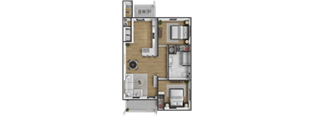 A top-down view of a house layout with a kitchen, living room, and bathroom.