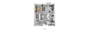 A floor plan of a small apartment with a bedroom, living room, kitchen, and bathroom.