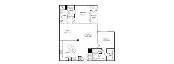 A floor plan of a house with a dining area, kitchen, two bedrooms, a living room, and a bathroom.