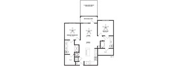 A black and white image of a floor plan for a home with a living room, dining room, kitchen, and two bedrooms.