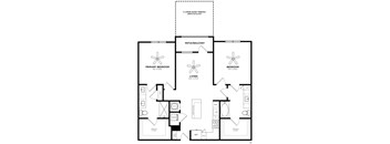 A black and white floor plan of a house with a living room, two bedrooms, a patio, and a walk-in closet.