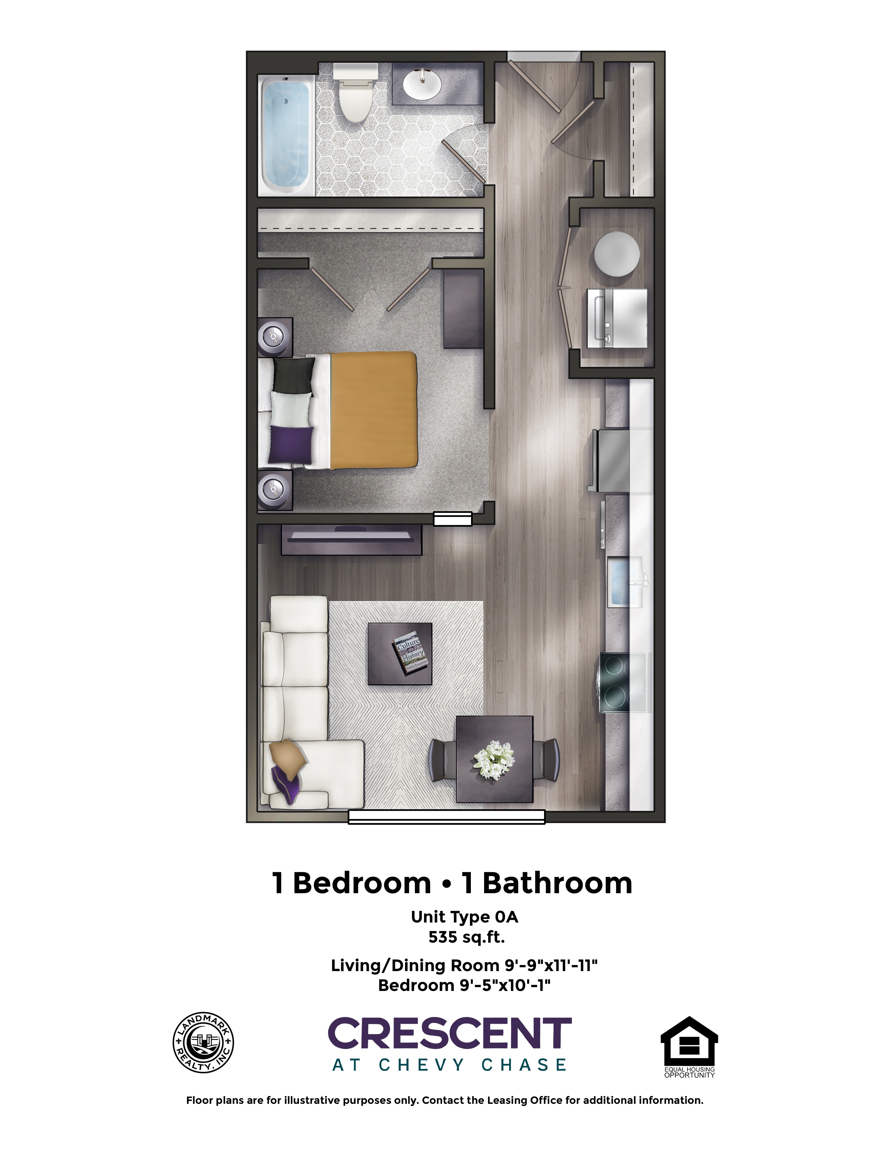 A floor plan of a one bedroom, one bathroom apartment.