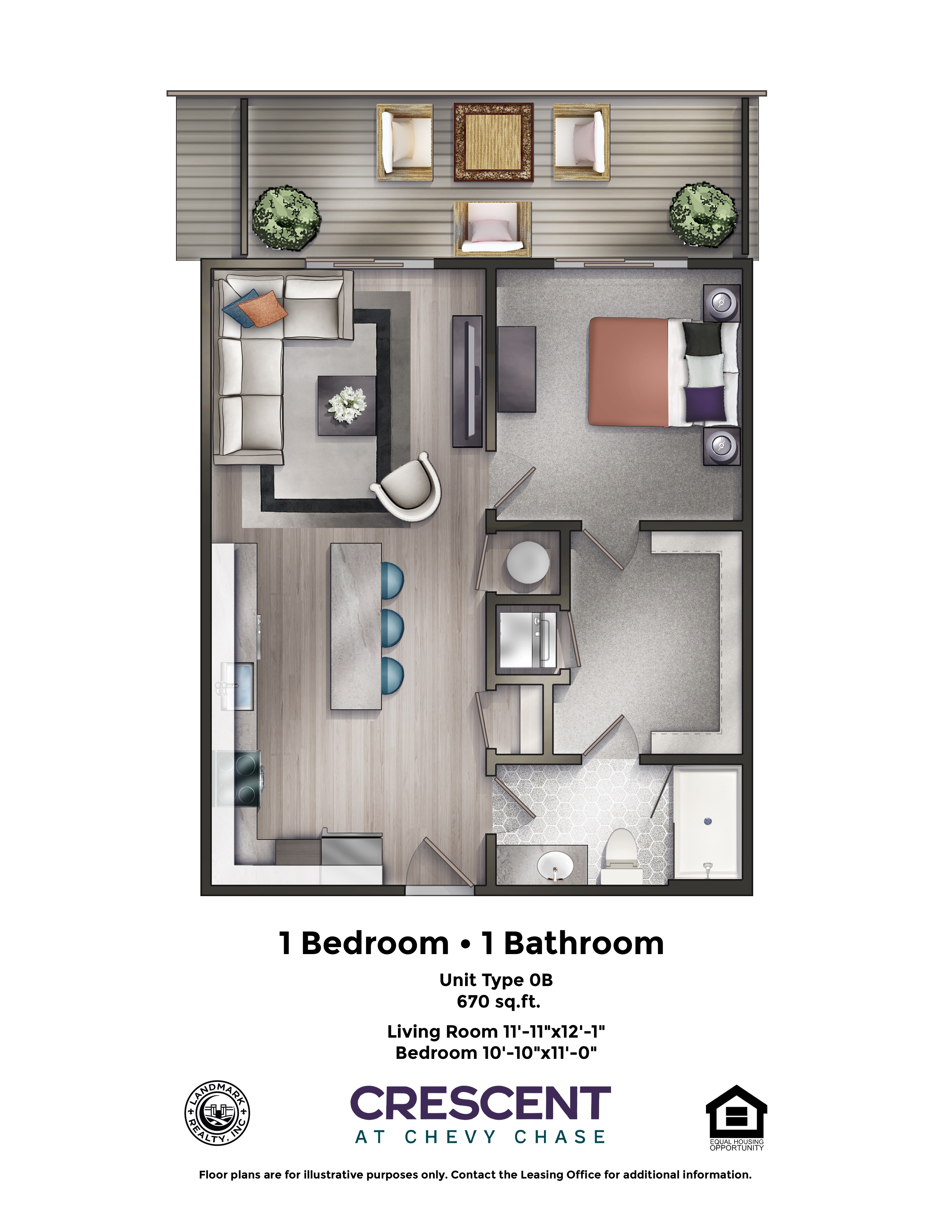 A floor plan of a one bedroom, one bathroom apartment.