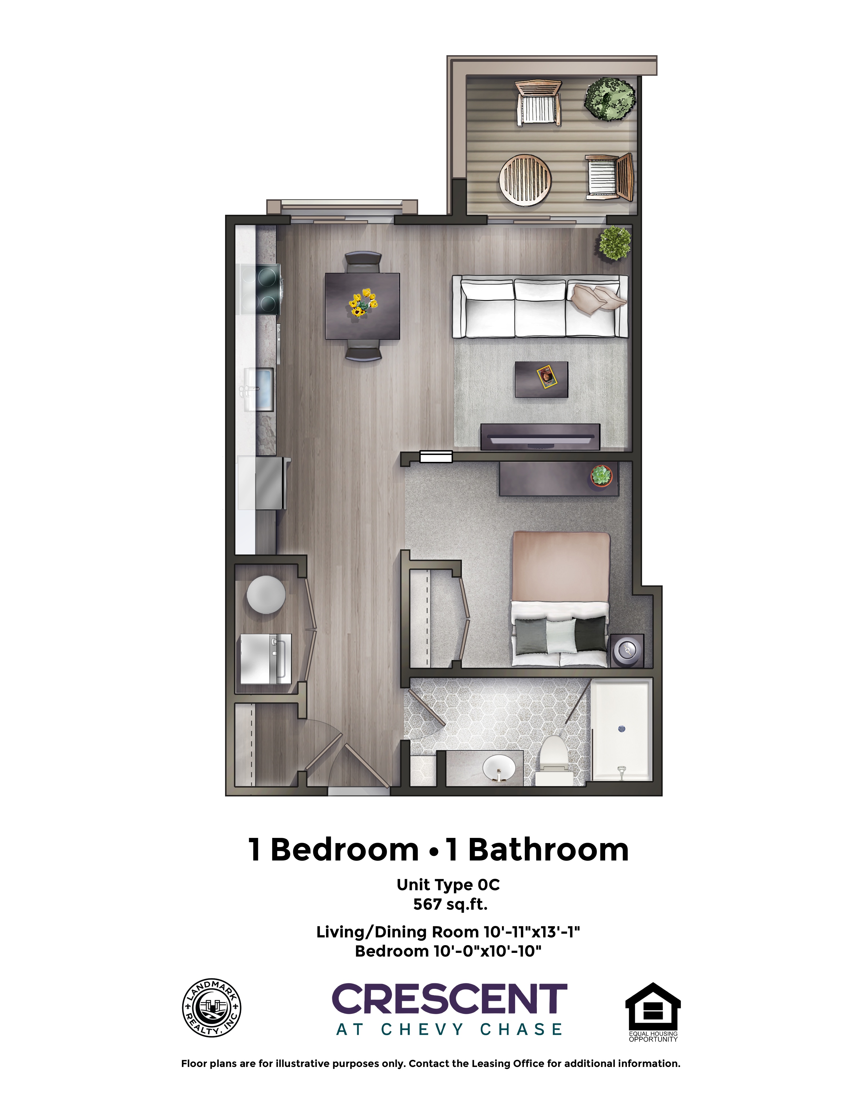 A floor plan of a 1 bedroom, 1 bathroom apartment at Crescent at Chevy Chase.