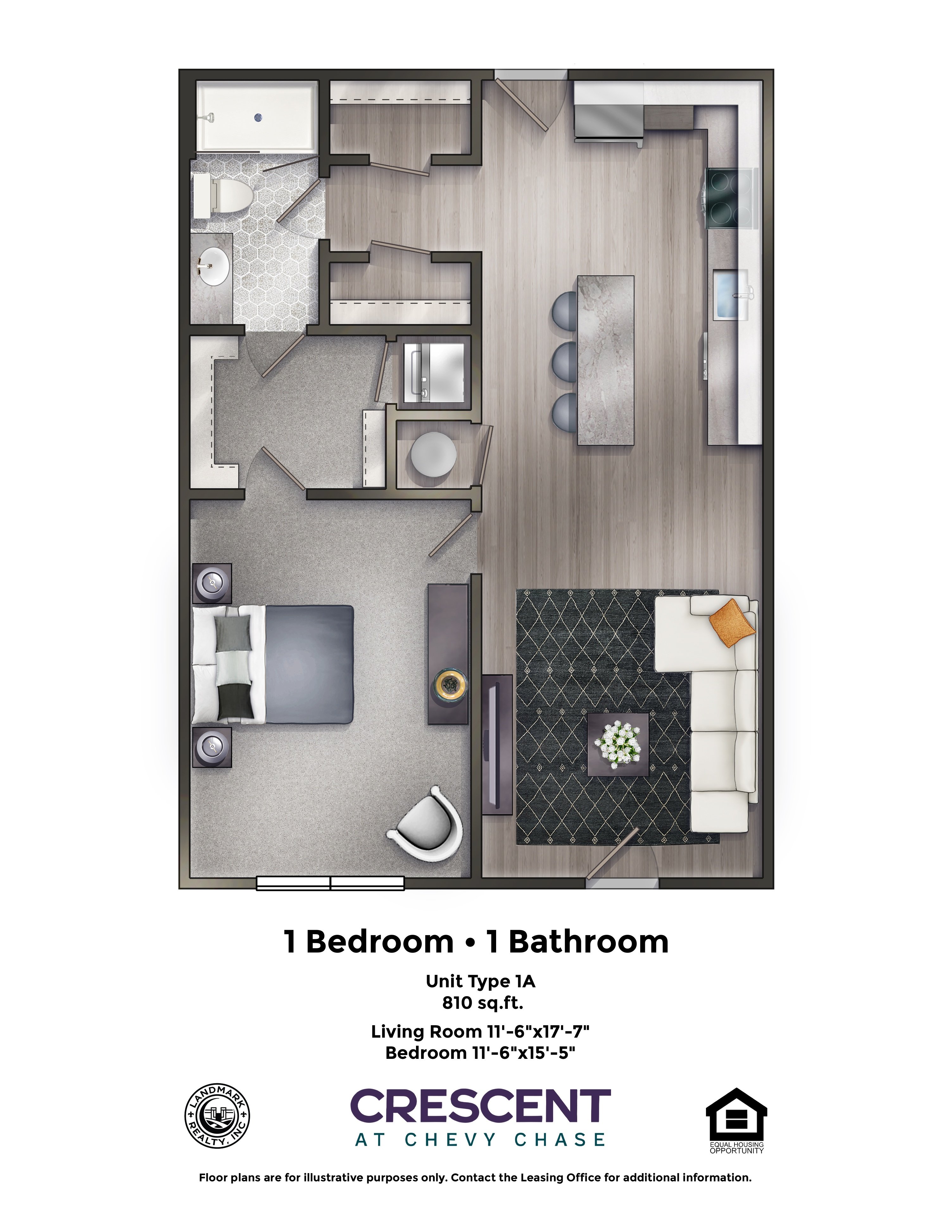 A floor plan of a one bedroom, one bathroom apartment.
