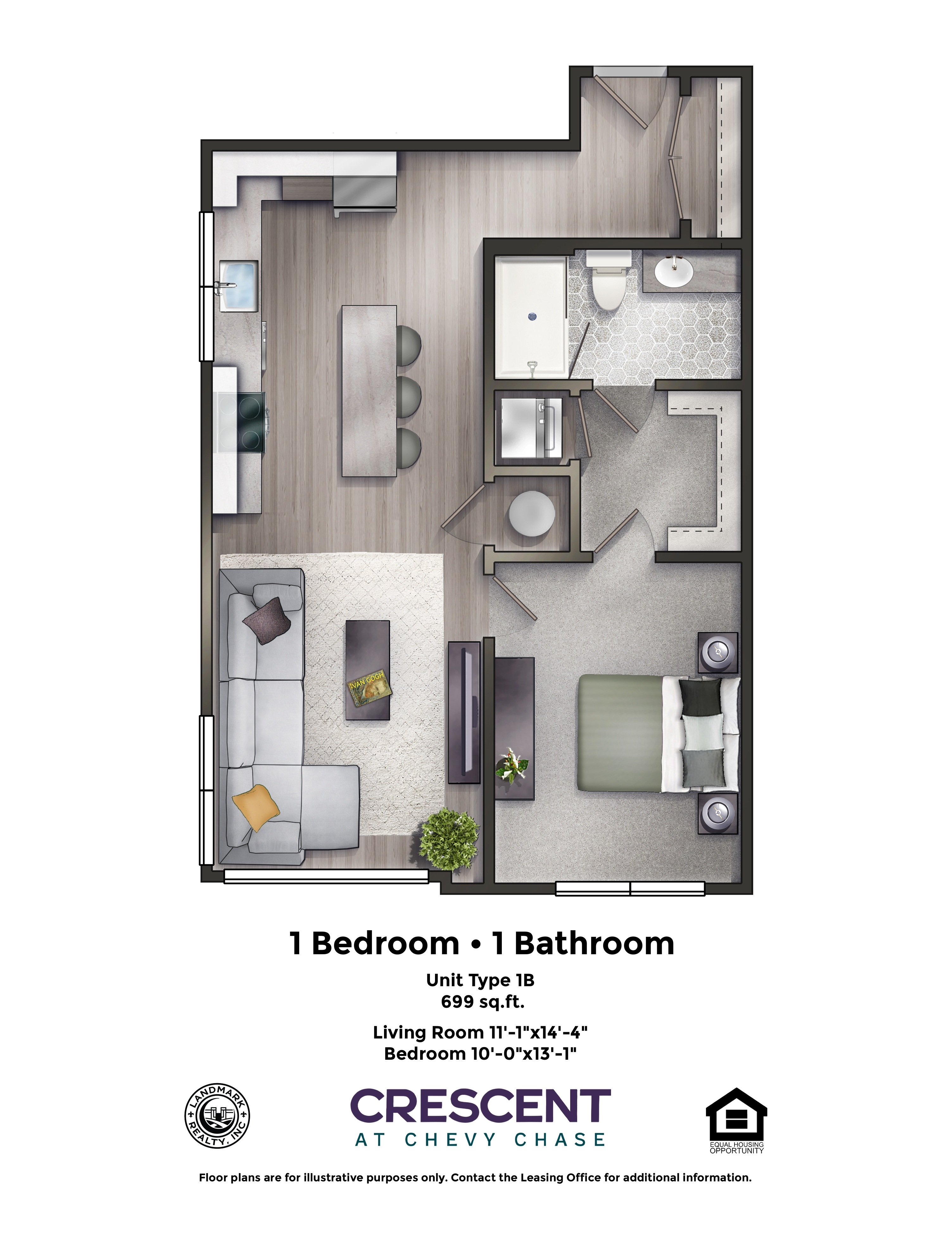 A floor plan for a 1 bedroom and 1 bathroom apartment.