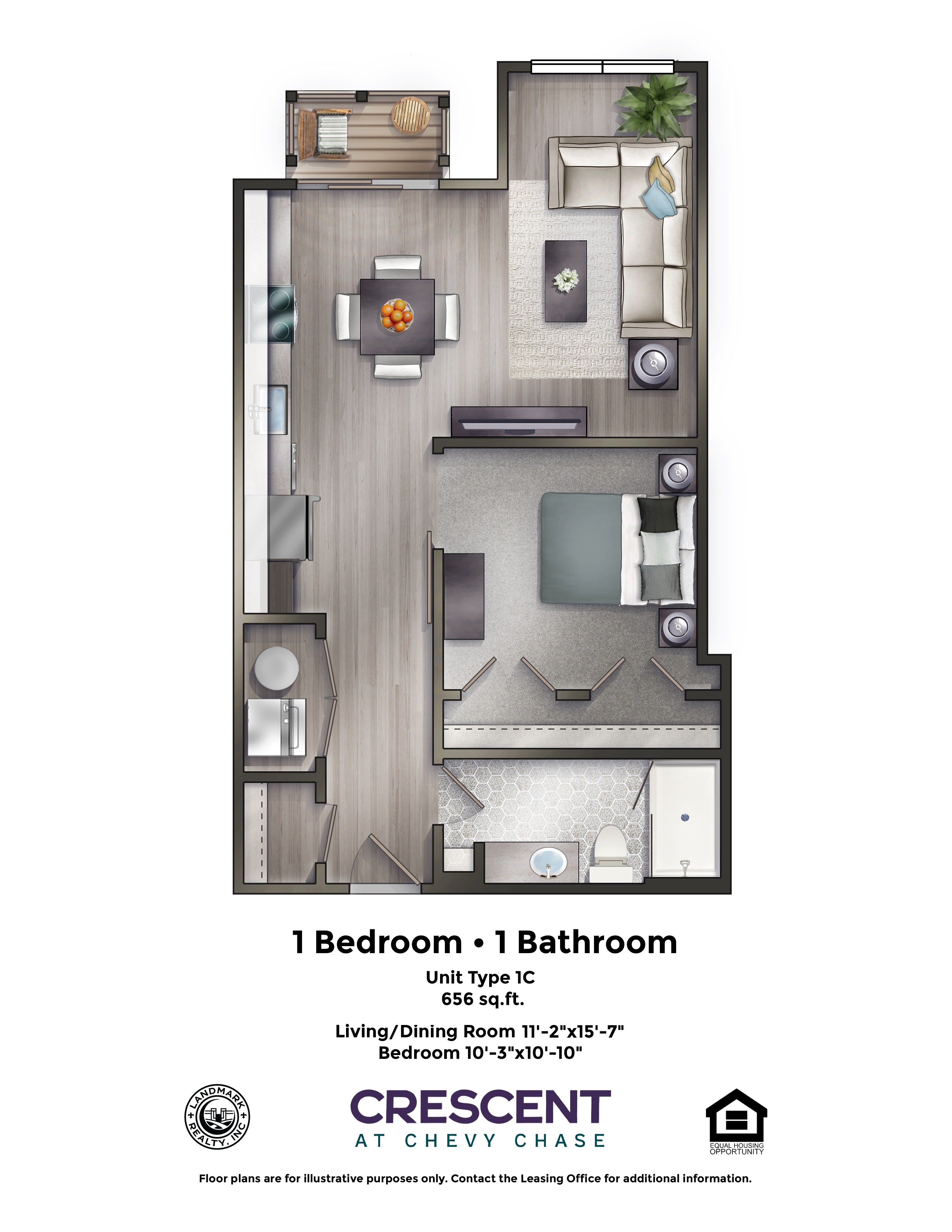 A drawing of a one bedroom apartment with a bathroom.
