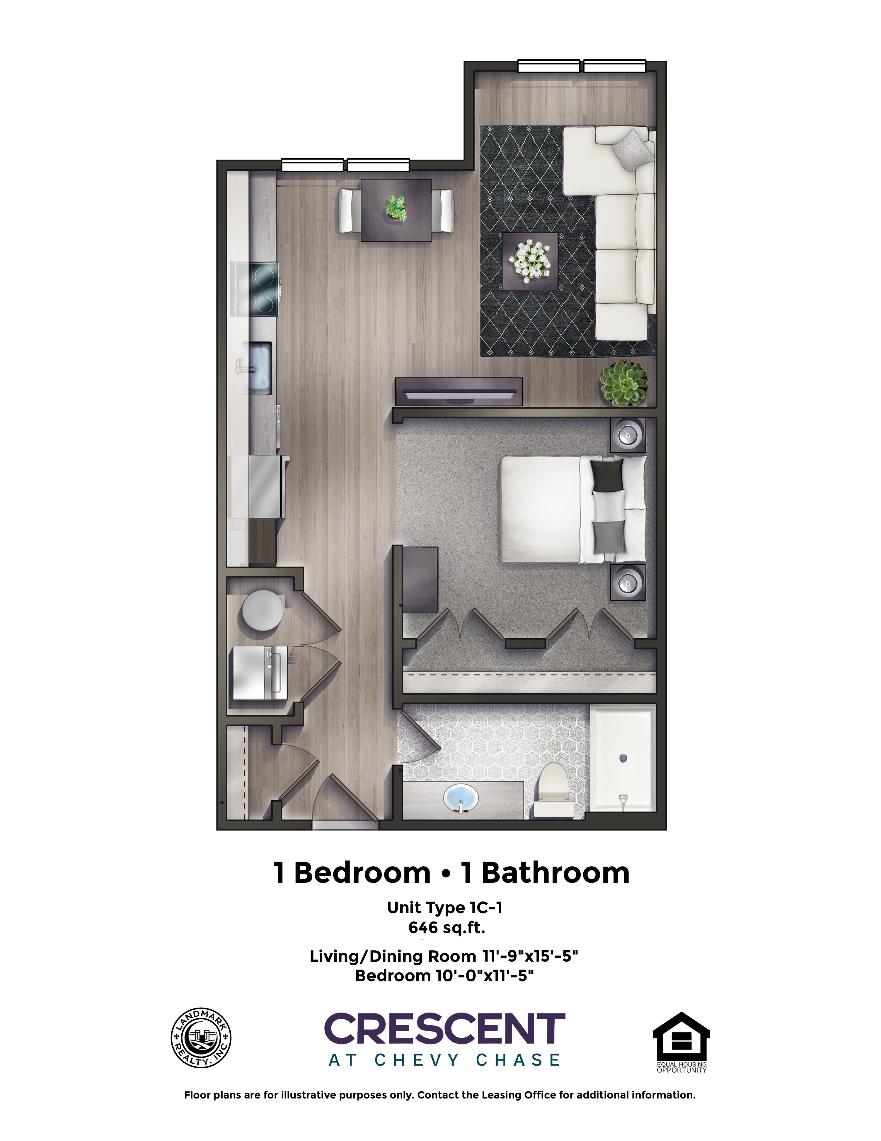 A floor plan for a 1 bedroom, 1 bathroom apartment.