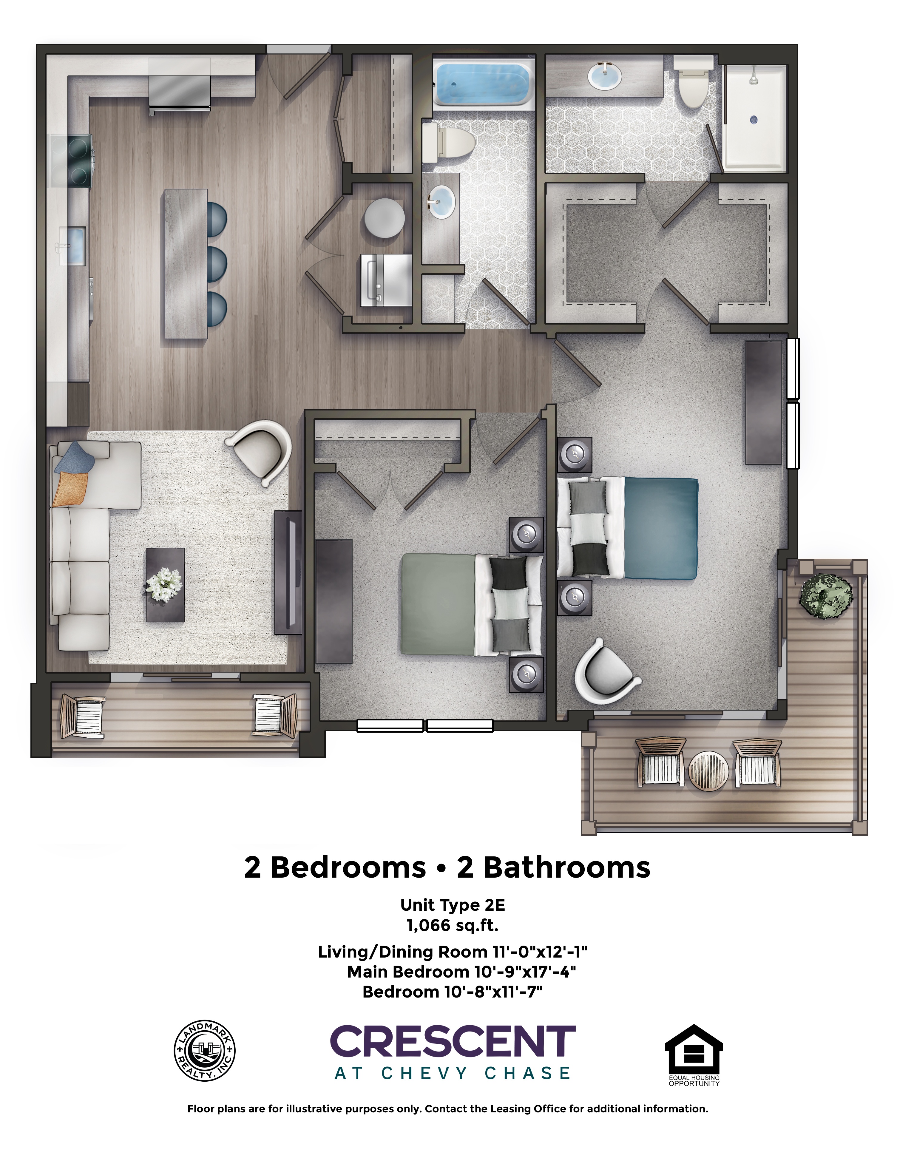 A floor plan for a 2 bedroom, 2 bathroom apartment at Crescent at Chevy Chase.