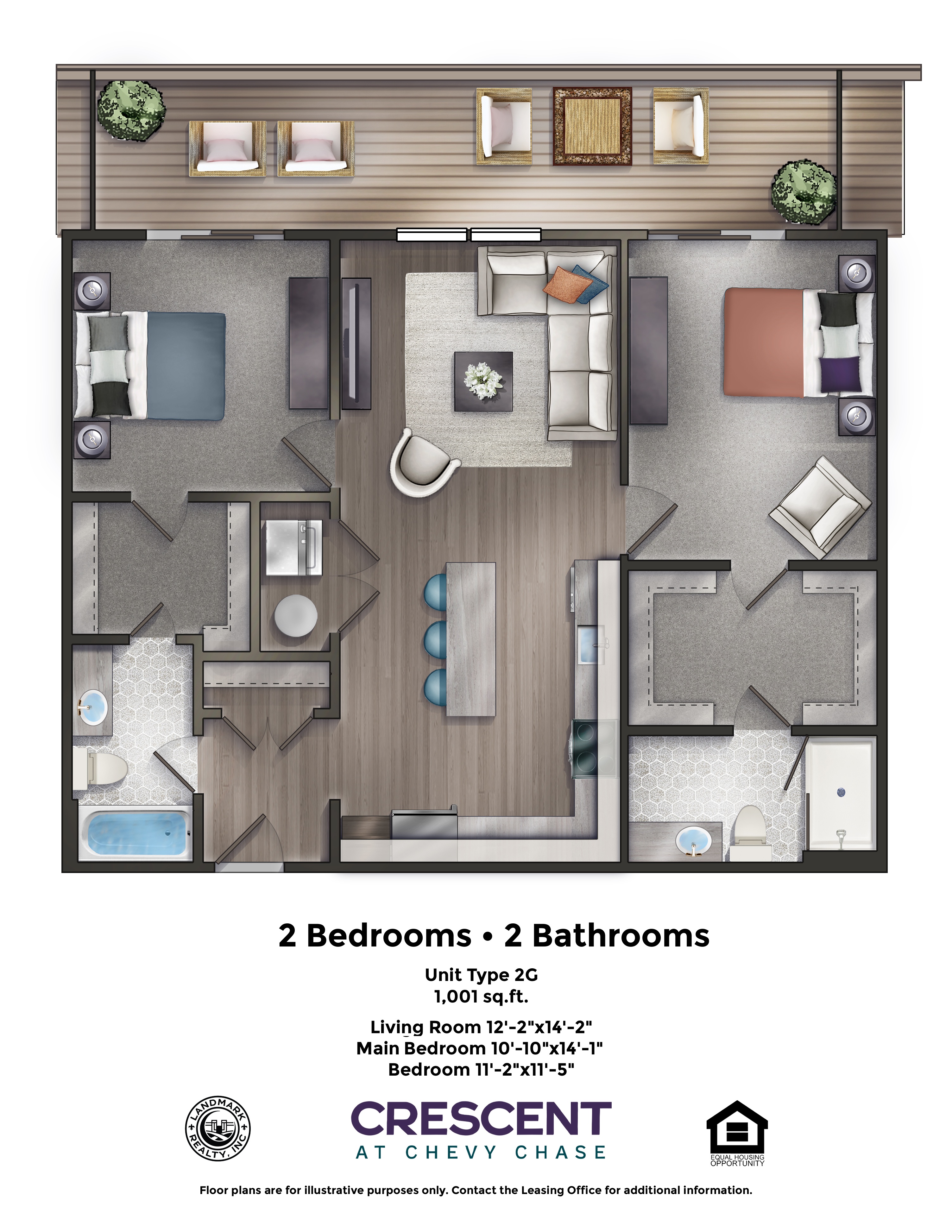 A floor plan for a 2 bedroom, 2 bathroom apartment at Crescent at Chevy Chase.