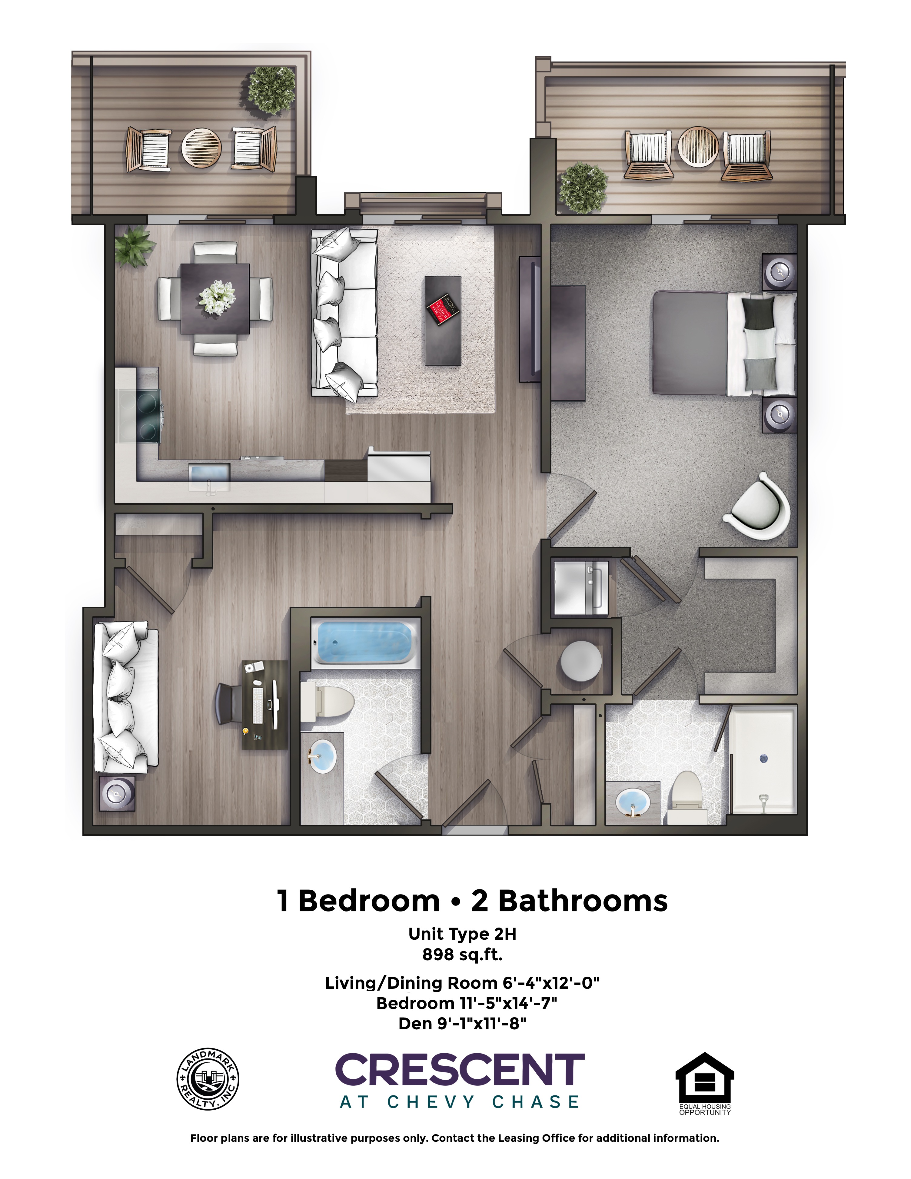 A floor plan of a one bedroom apartment with two bathrooms.