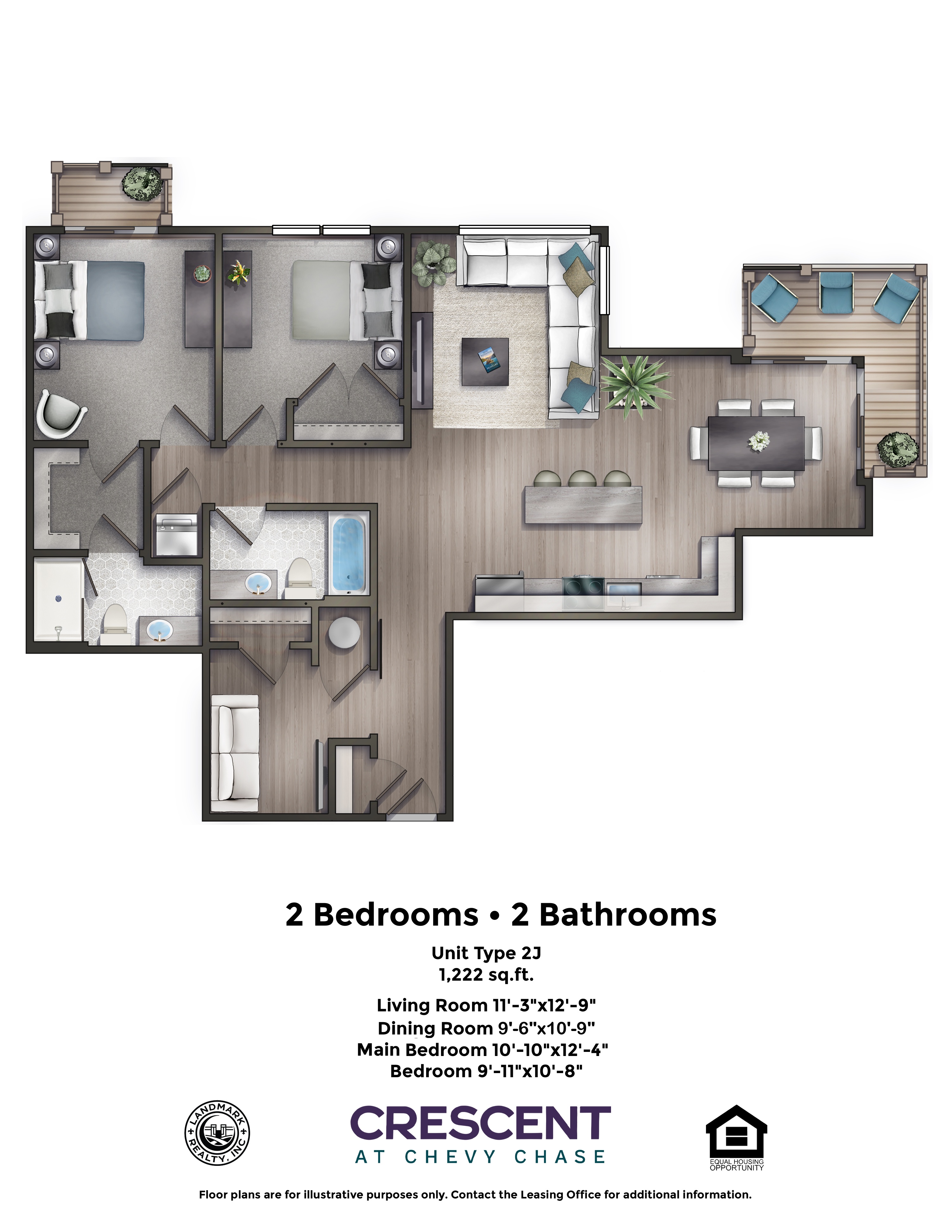 A floor plan for a 2 bedroom, 2 bathroom apartment at Crescent at Chevy Chase.