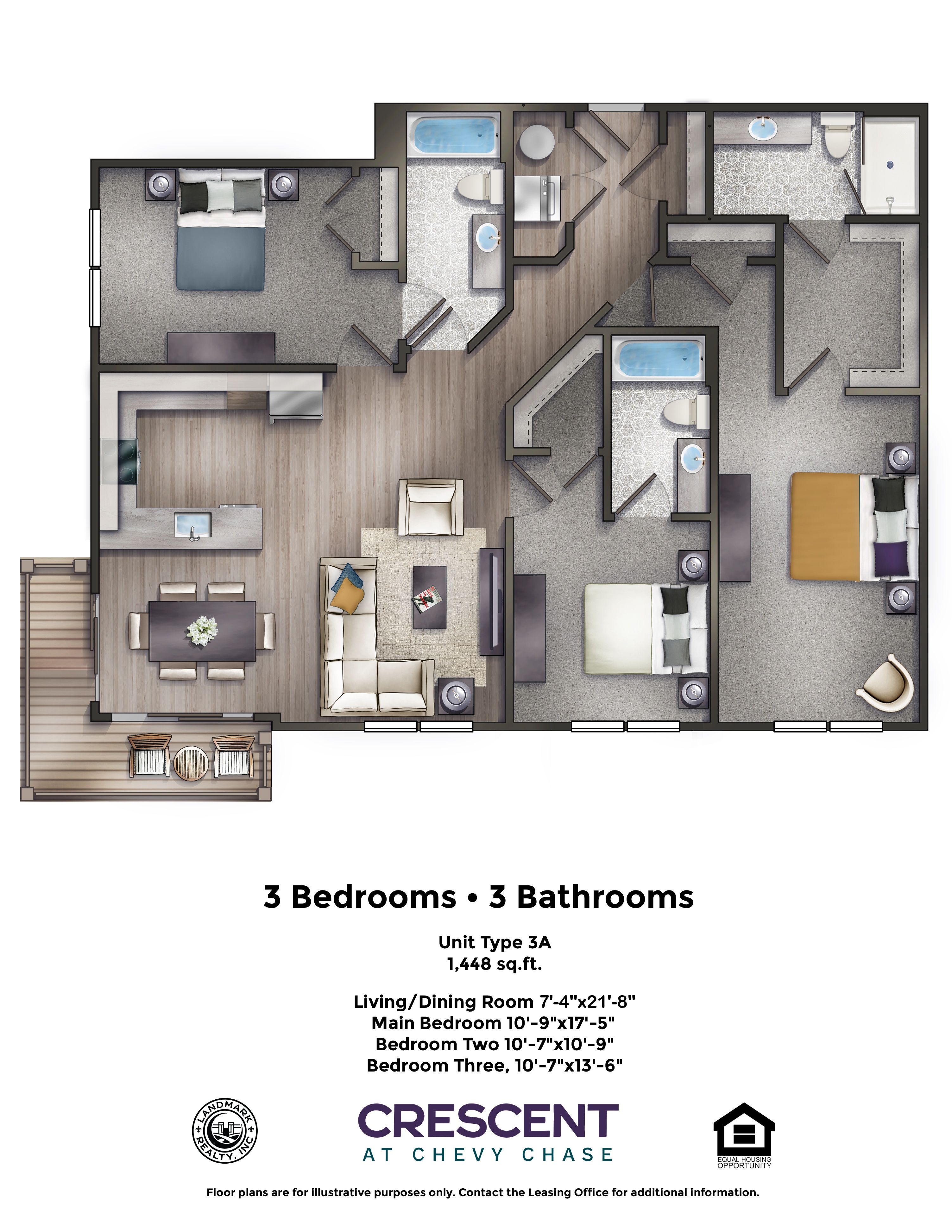 A floor plan for a 3 bedroom, 3 bathroom apartment at Crescent Chevy Chase.