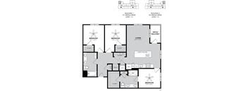 A detailed floor plan of a two-story building with labeled rooms and features.