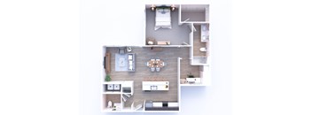 A top-down view of a modern kitchen with a dining area.