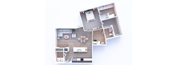 A top-down view of a modern apartment layout.
