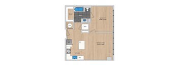 A floor plan of a room with a bath, two beds, a dining area, a kitchen, and a reference area.