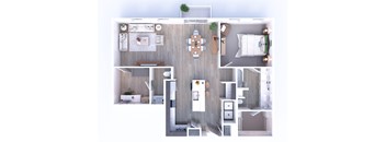 A top-down view of a modern apartment layout.