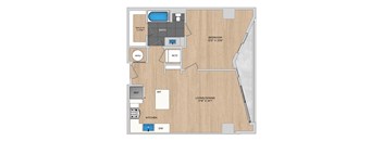 A floor plan of a house with a bath, bedroom, living/dining area, kitchen, and a walk-in closet.