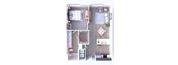 A top-down view of a small, neatly organized apartment with a kitchen, living room, and bathroom.