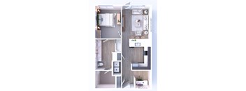 A modern, minimalist apartment layout with a kitchen, living room, and bedroom.