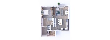 A top-down view of a small, neatly organized apartment with a kitchen, living room, and bathroom.