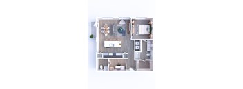 A top-down view of a small apartment with a kitchen, living room, and bedroom.