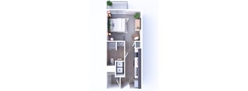 A small, neatly organized apartment with a bed, desk, and kitchenette.