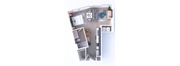 A top-down view of a modern, minimalist apartment with a kitchen, living room, and bathroom.