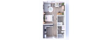 A small apartment with a bedroom, living room, and kitchen area.