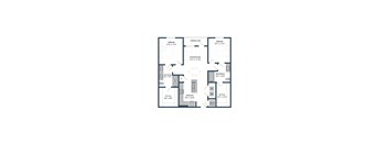A floor plan of a house with two bedrooms, a living room, a dining room, a kitchen, and a bathroom.