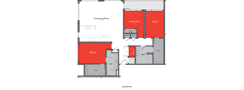 A floor plan of a unit with a kitchen, two bedrooms, a bathroom, and closets.