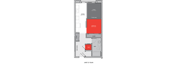 A floor plan of a one bedroom apartment with a living room, kitchen, pantry, and bathroom.
