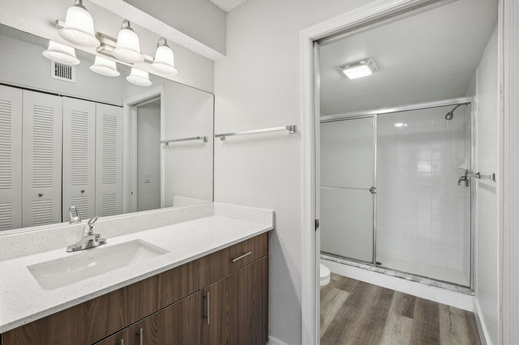 A bathroom with a sink, mirror, and shower.