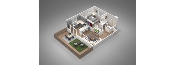 A 3D rendered image of a house layout with a kitchen, living room, and bathroom.