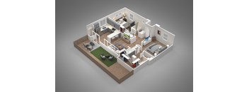 A 3D model of a house with various rooms and furniture.
