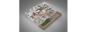 A 3D rendered image of a house layout.