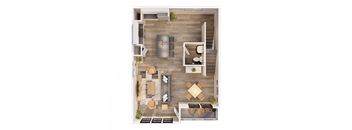 A top-down view of a living room with a couch, chairs, and a coffee table.
