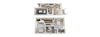 two images of a house model with two different floor plans