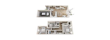 a stylized top view of two layouts of a house and a floor plan
