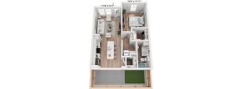 A floor plan of a small apartment with a kitchen, living room, and bedroom.